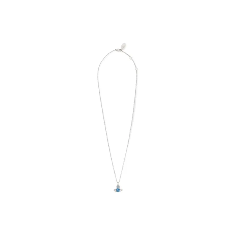 Vivienne Westwood Brass Saturn Styling Sparkling Rhinestone Necklace Unisex Silver/Sea Blue-1