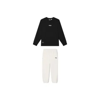 FILA Casual Sportswear Men Clothing Set Jet Black Top+Steam White Pants