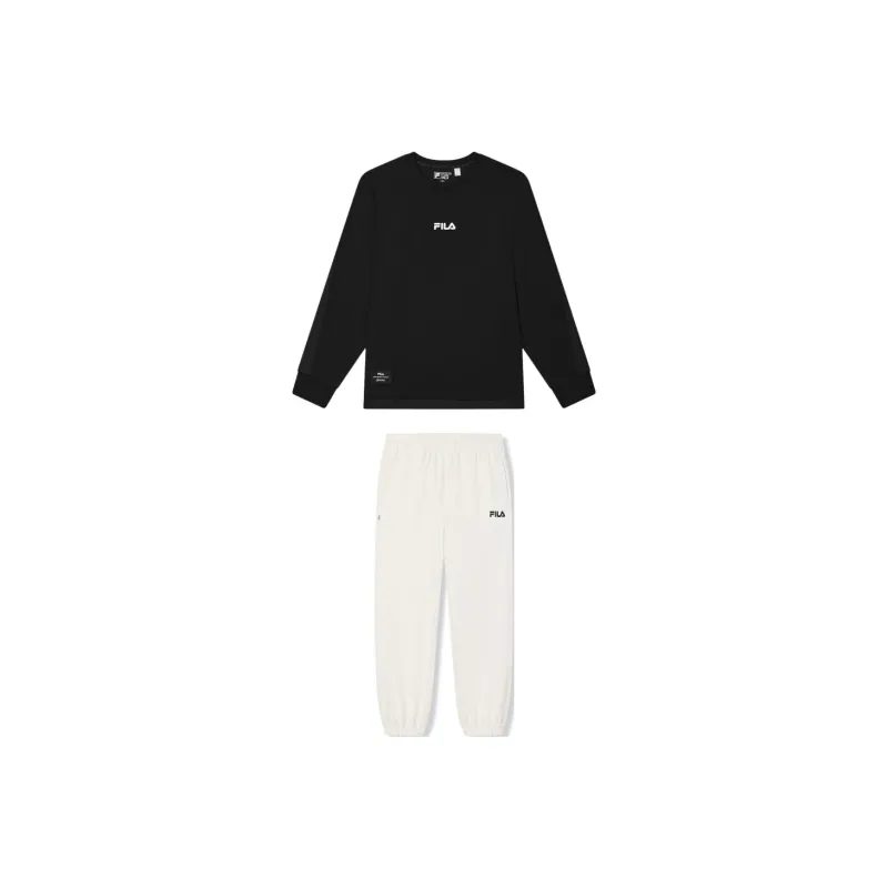 FILA Casual Sportswear Men Clothing Set Jet Black Top+Steam White Pants-0