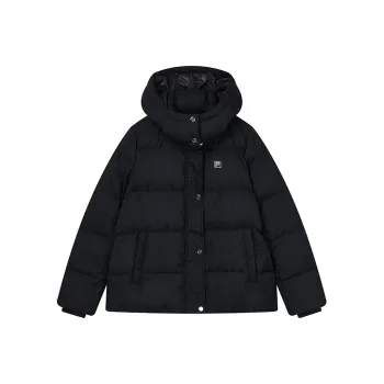 FILA Solid Color Detachable Hood Cropped Down Jacket Women's Jet Black