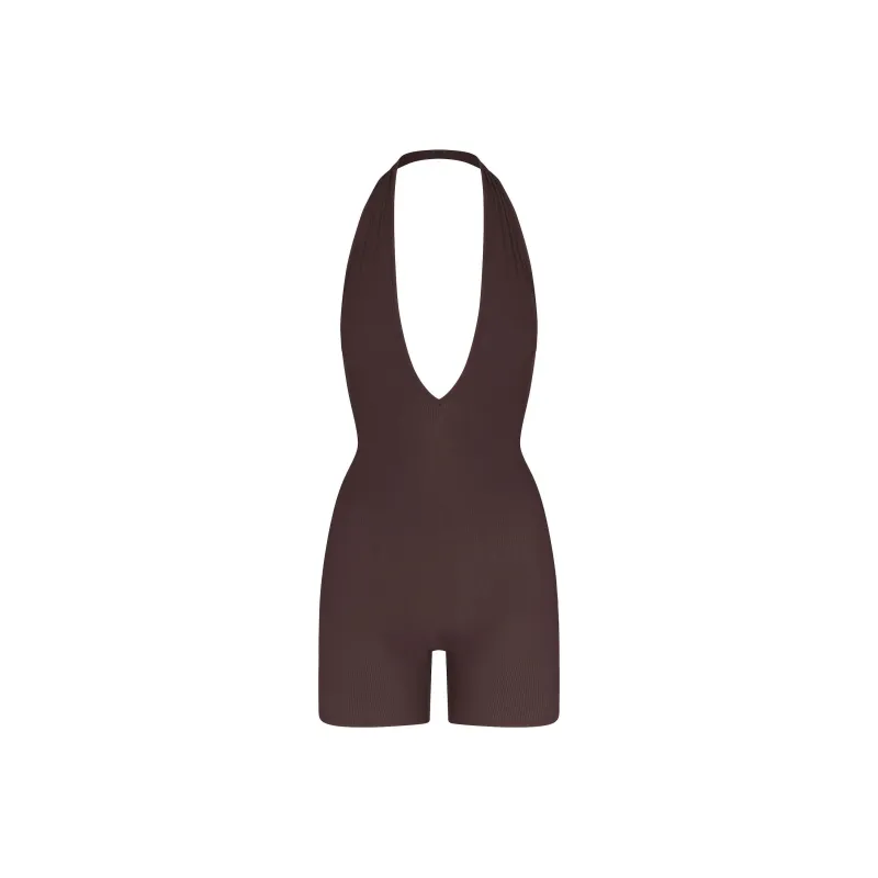 SKIMS SOFT LOUNGE DEEP PLUNGE HALTER ONESIE Bodysuits Women's Phoenix/Pheonix Color-0