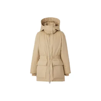 Burberry Solid Color Hooded Mid-Length Down Jacket Women's Beige