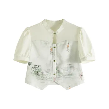 SUBEN Chiffon Shirts Women's Green Multicolor