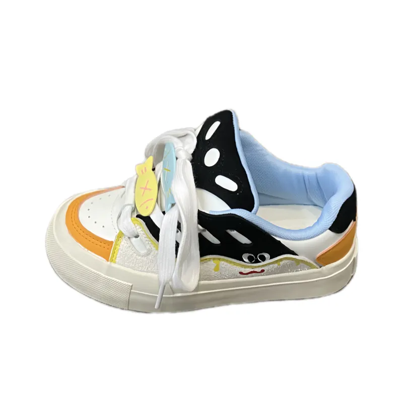 BINGO DUCK Slip Resistant Low Top Skateboard Shoes Women's Black White Orange-6