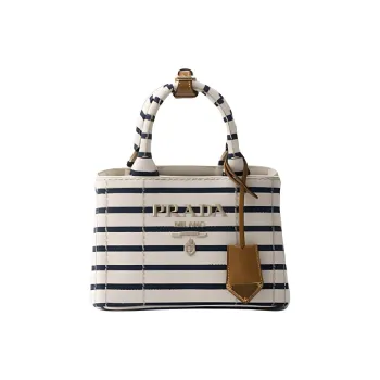 PRADA Stripes Cotton Canvas One Shoulder Handbag Mini Women's Ivory White & Blue