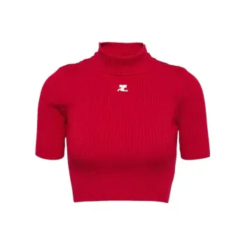 COURREGES Shoulder Snaps Rib Knit Crop Sweater 'Groseille Fonce'