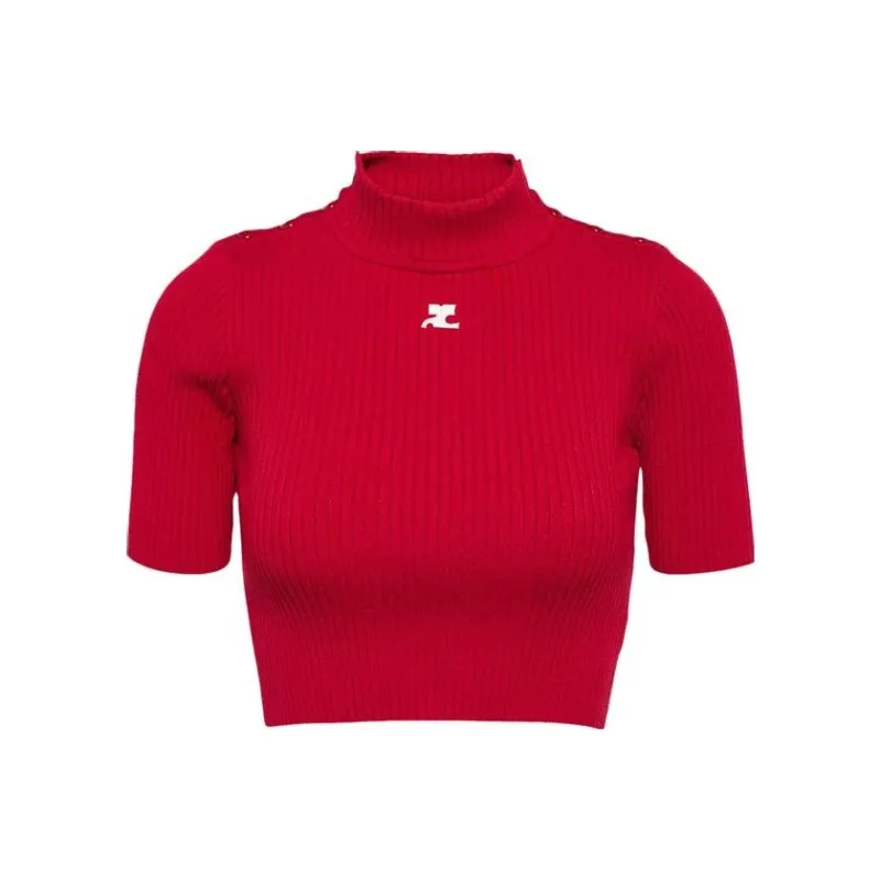 Courrèges Shoulder Snaps Rib Knit Crop Sweater 'Groseille Fonce'-0