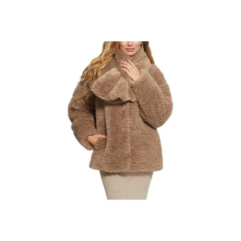 GUESS Rebecca Scarf Teddy Jacket Jackets Coats Women's Brown-0