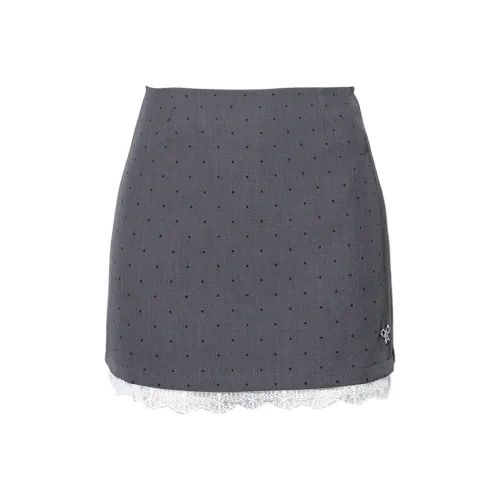 DPLAY Casual Short Skirts Women's Gray With Black Polka Dots
