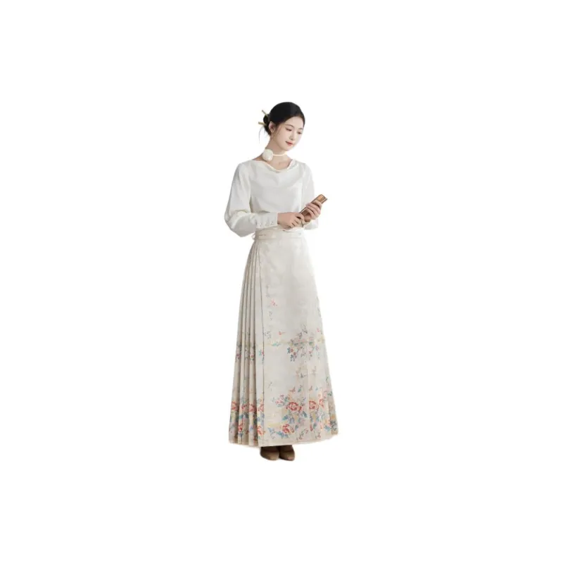 XINGHEHANGE Skirt Hanfu Everyday Casual Long Skirt Women's White-0