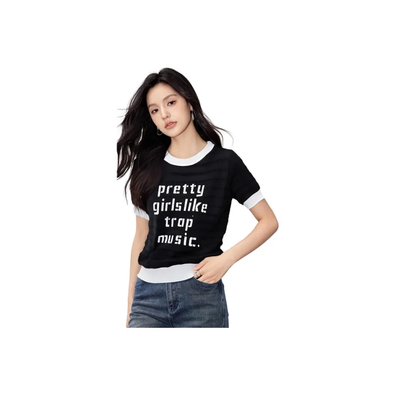 Love Elaine Set in Sleeve T Shirt Women's Black Loose Fit-0