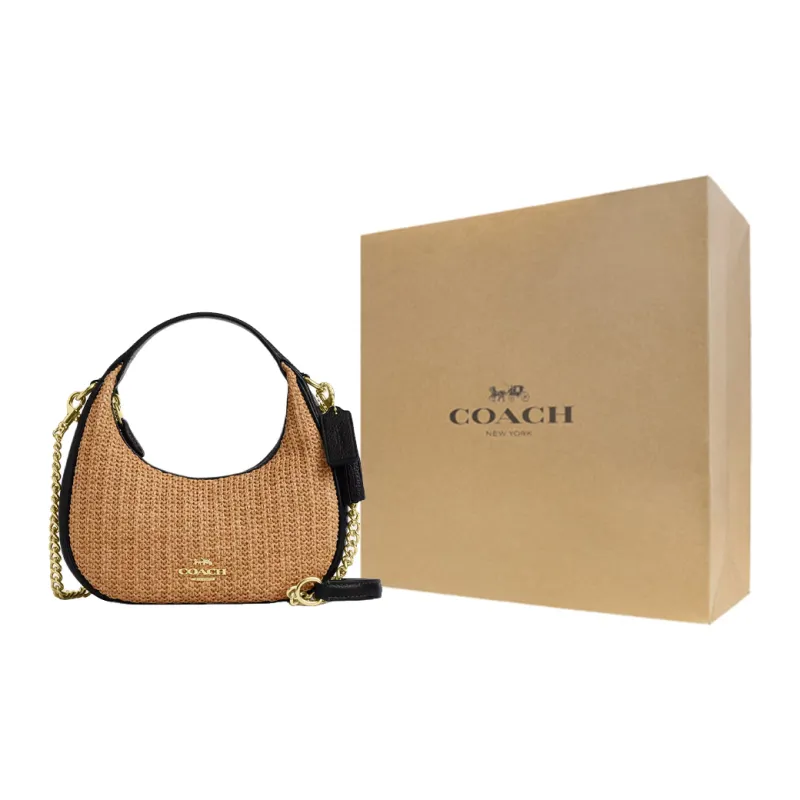 COACH CARMEN Straw With Leather Shoulder Bag, Crossbody Bag, Handbag Mini Women's Khaki & Black-11
