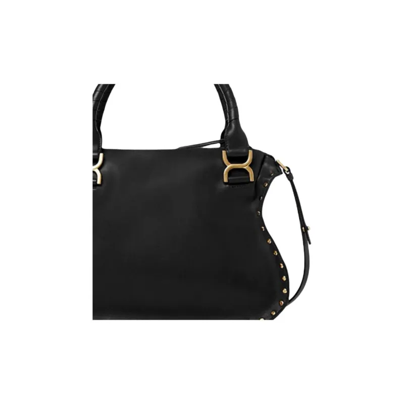 Chloe Marcie Smooth Calf Leather Shoulder Bag Crossbody Bag Handbag Medium Size Women's Black-3