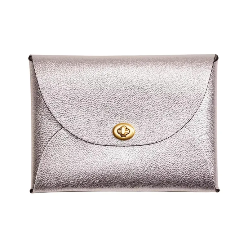 COACH Pouch Leather Clutch Extra Large Women's Silver Metal-0