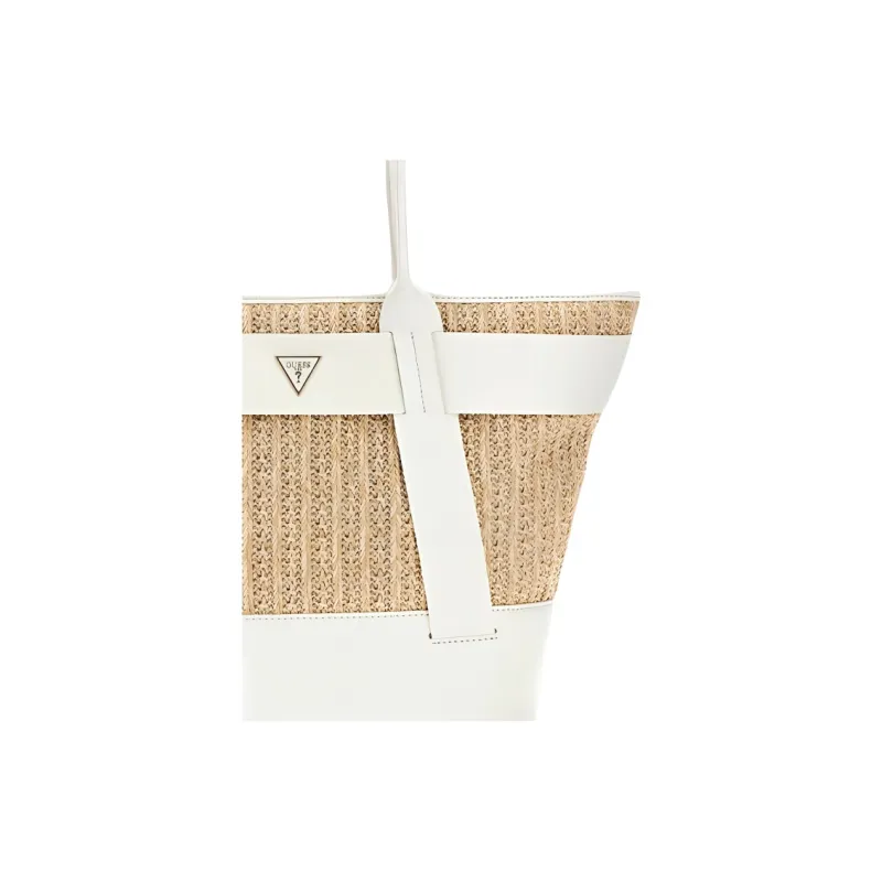 GUESS Raffia With Artificial Leather Tote Bag Shopping Bag Shoulder Bag Handbag Women's Beige & White-3