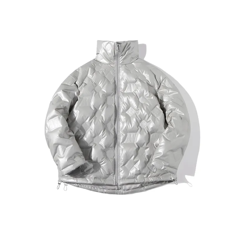 LA CRAWFISH Letter Stand Collar Loose Fit Thickened Cropped Down Jacket Women's Champagne Silver-0