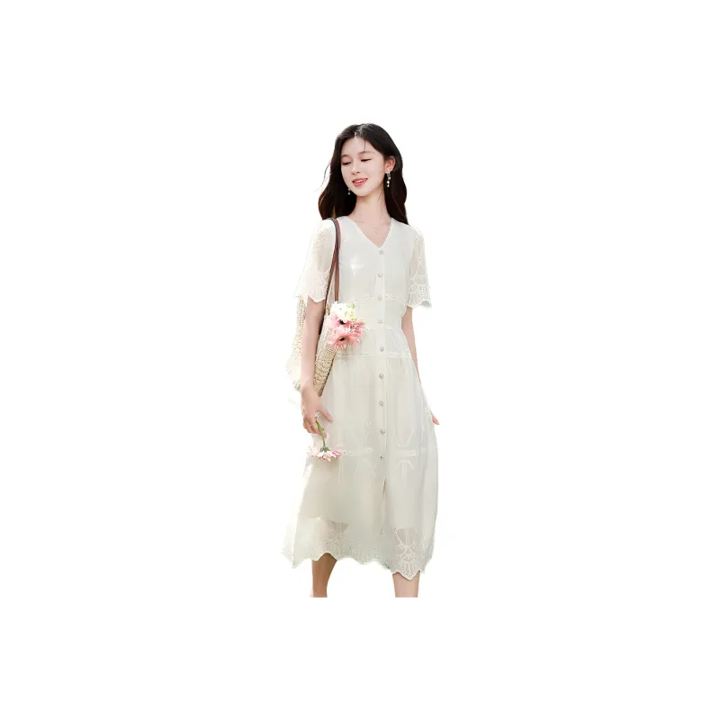 Like The Age Of Water Summer Short Sleeved Dress Women's White-1