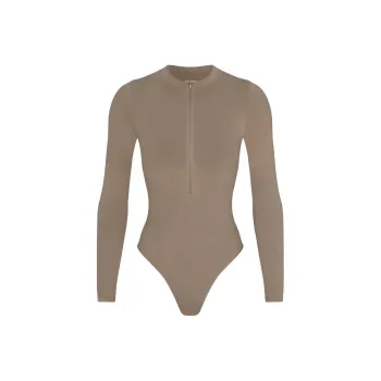 SKIMS CONTOUR NYLON ZIP FRONT LONG SLEEVE BODYSUIT Bodysuits Women's TRUFFLE/Truffle Color