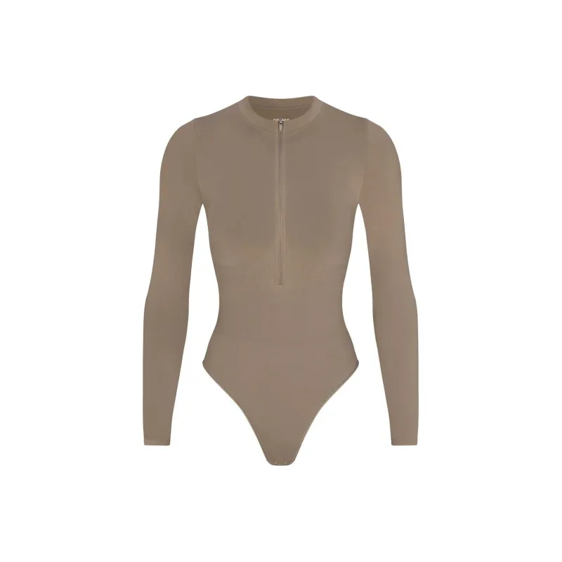 SKIMS CONTOUR NYLON ZIP FRONT LONG SLEEVE BODYSUIT Bodysuits Women's TRUFFLE/Truffle Color-0