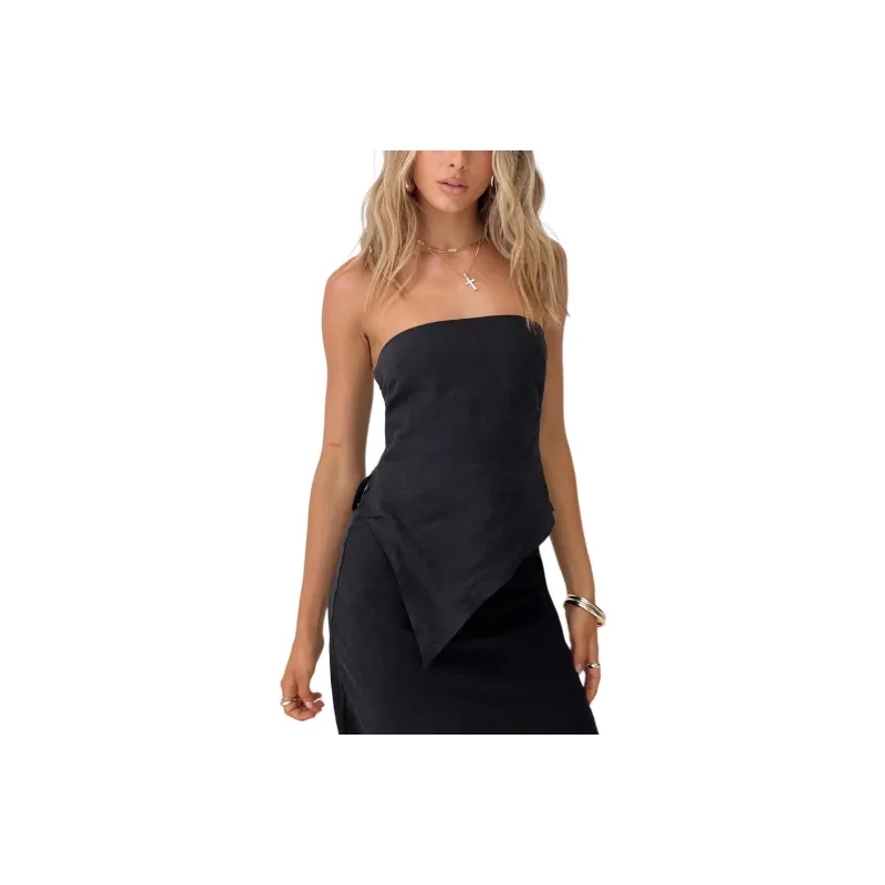 PRINCESS POLLY BIRDIE ASYMMETRIC LINEN BLEND TOP Strapless Top Women's BLACK/Black-0