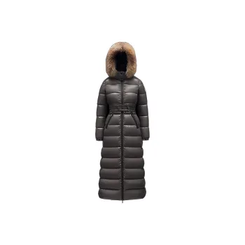 Moncler Solid Color Hooded Long Down Jacket Women's Dark Gray