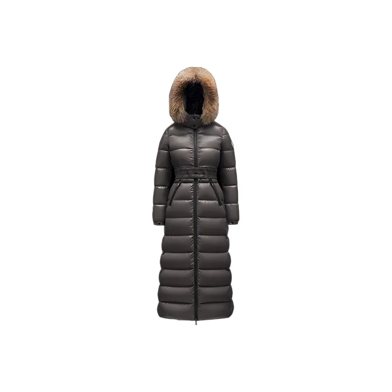 Moncler Solid Color Hooded Long Down Jacket Women's Dark Gray-0