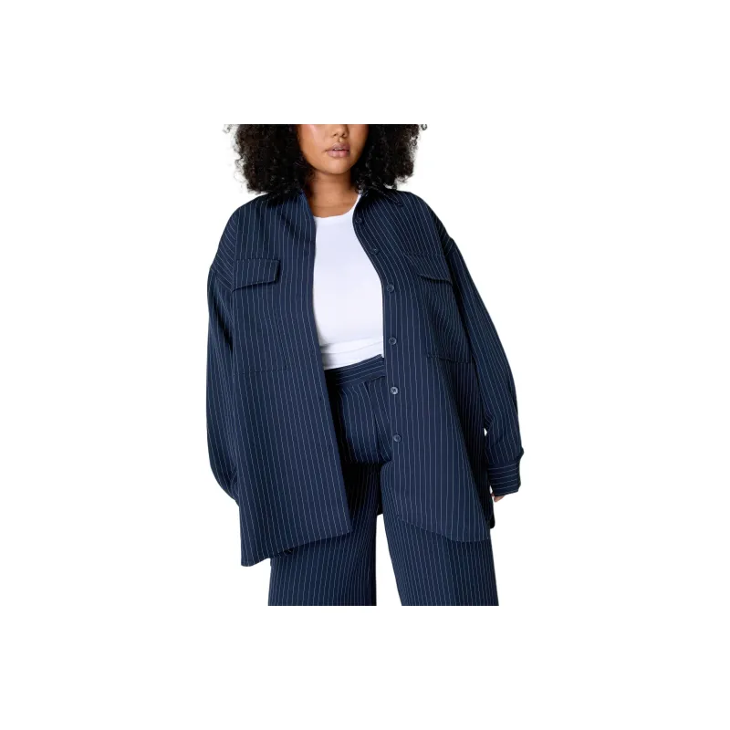 NASTY GAL PLUS PEMIUM TAILORED PINSTRIPE SHACKET Shirt Women's Marine Blue-0