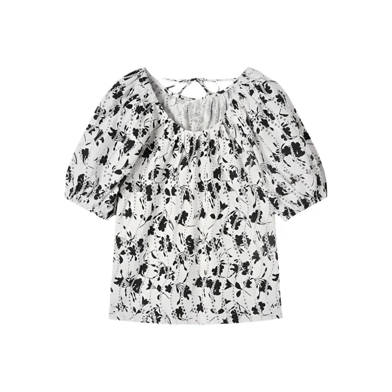 DIALOGUE Chiffon Shirts Women's Black White Arts Floral-0