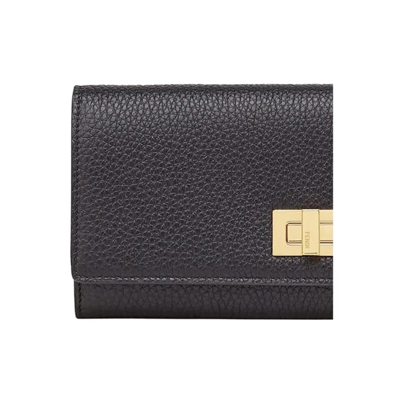 FENDI Peekaboo Calfskin Long Flap Wallet Women's Black-4
