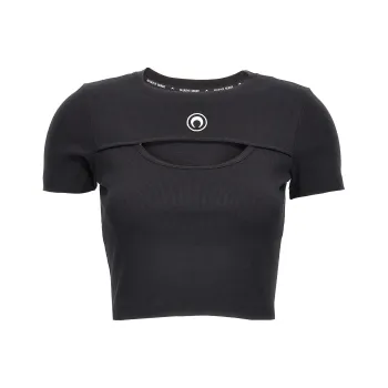 Marine Serre Moon Embroidered Cut-Out Ribbed Cropped Top