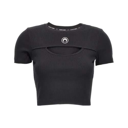 Marine Serre Moon Embroidered Cut Out Ribbed Cropped Top