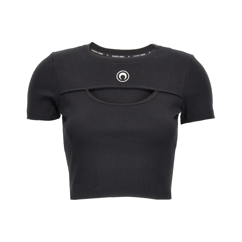Marine Serre Moon Embroidered Cut Out Ribbed Cropped Top-0
