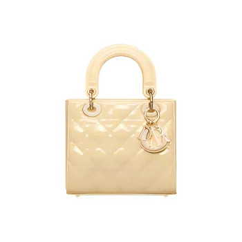DIOR Patent Leather Calfskin Lady Dior Bag, Shoulder Bag, Crossbody Bag, Handbag Small Size Women's Light Yellow