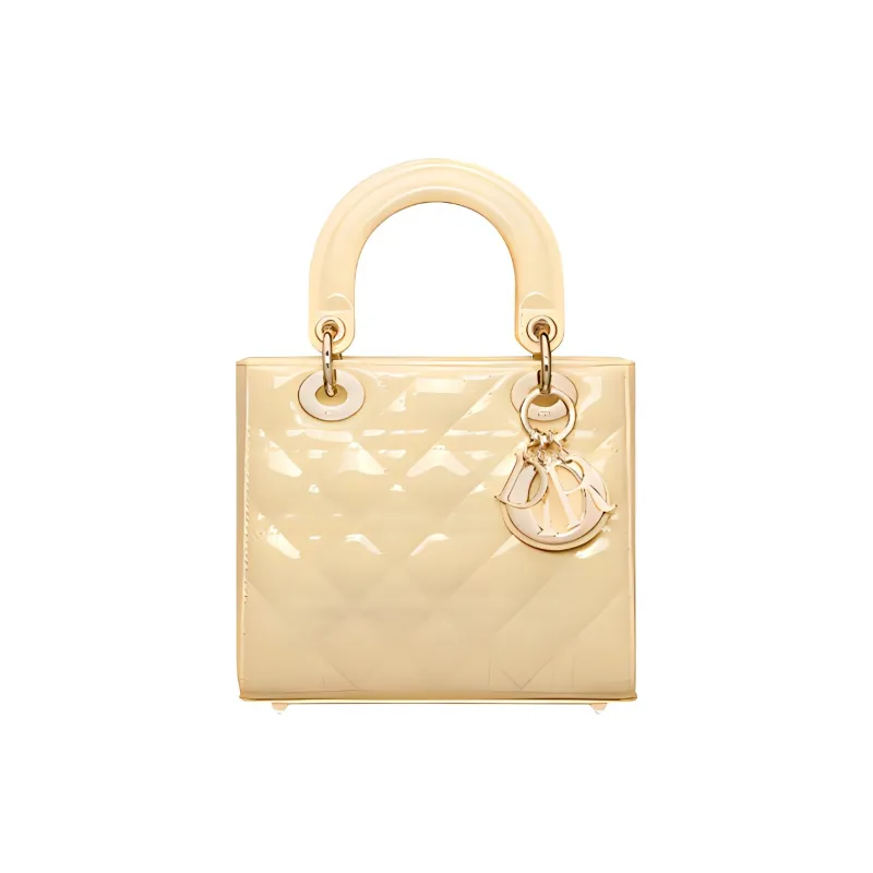 DIOR Patent Leather Calfskin Lady Dior Bag, Shoulder Bag, Crossbody Bag, Handbag Small Size Women's Light Yellow-0