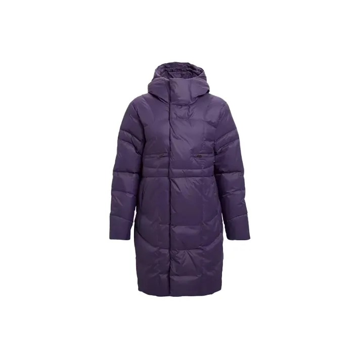 Under Armour Solid Color Hooded Fitted Moderate Mid Length Gray Duck Down Down Jacket Women's Purple-0