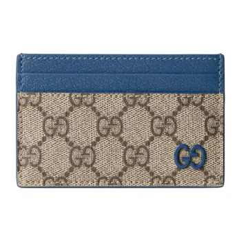 GUCCI Canvas With Leather Trim Card Holder Men's Blue & Dark Brown