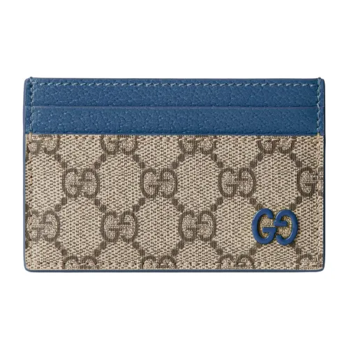 GUCCI Canvas With Leather Trim Card Holder Men's Blue & Dark Brown