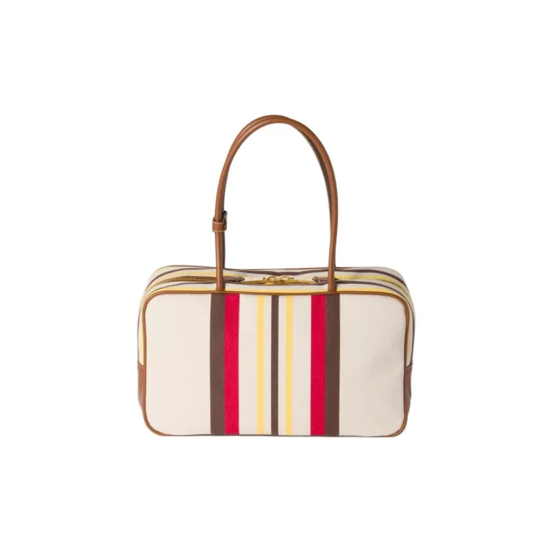 MIU MIU Beau Cotton Handbag, Shoulder Bag Women's Beige & Dark Brown-2
