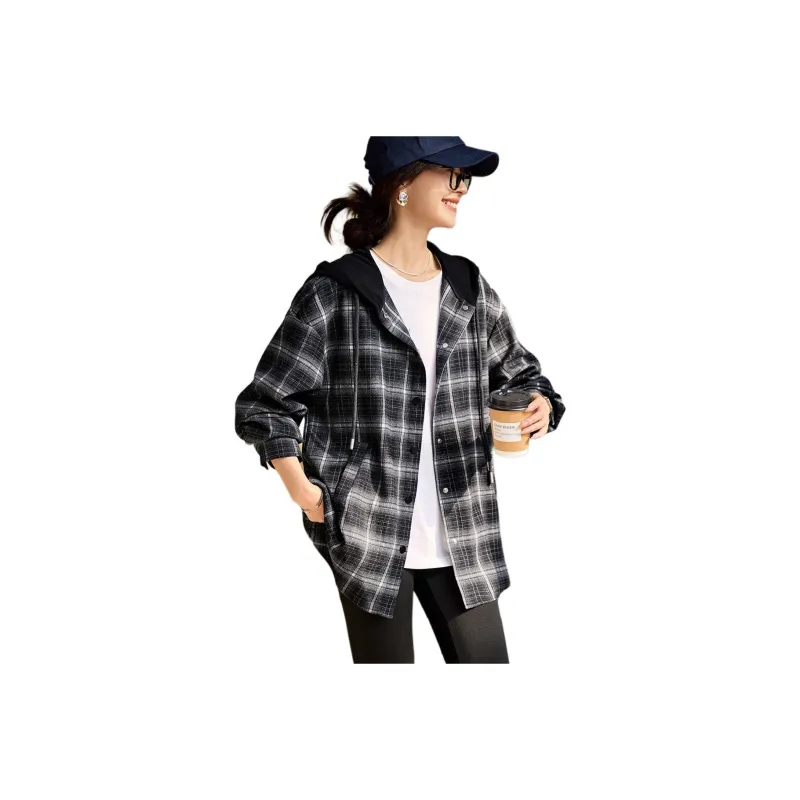 Mo Han Yi Mei Jackets Coats Women's Black Plaid-0