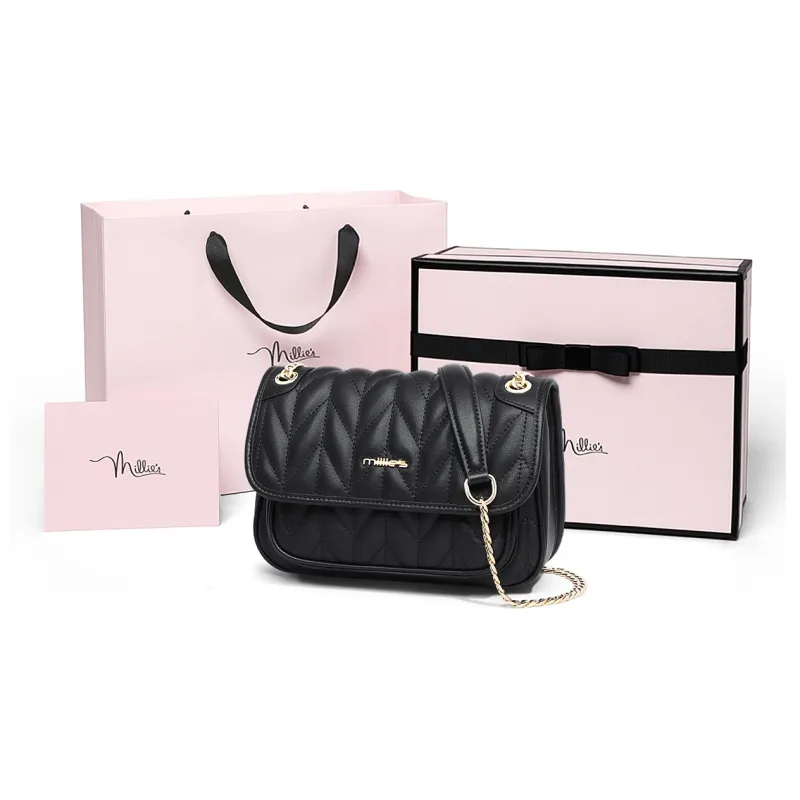 MILLIE'S Cow Leather Patchwork Synthetic Leather Crossbody Bag Shoulder Bag Small Square Bag Regular Women's Black-8