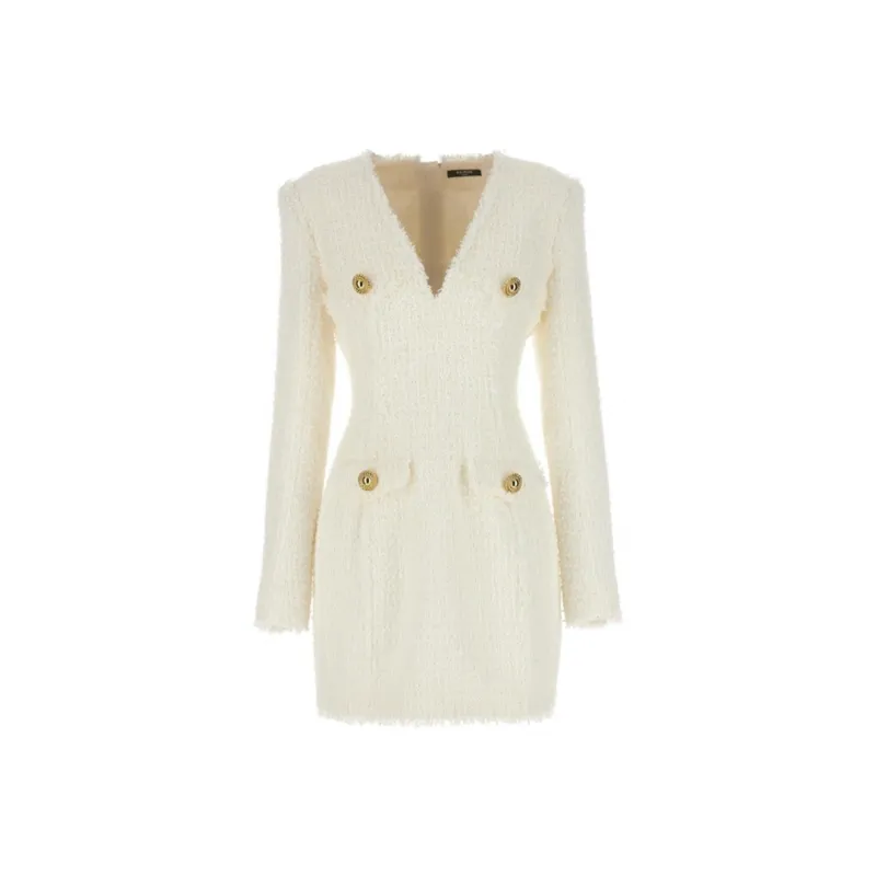 BALMAIN Long Sleeved Button-Detailed Tweed Dress-0