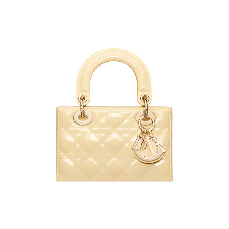 DIOR Patent Leather Calfskin Lady Dior Bag, Shoulder Bag, Crossbody Bag, Handbag Small Size Women's Light Yellow-2