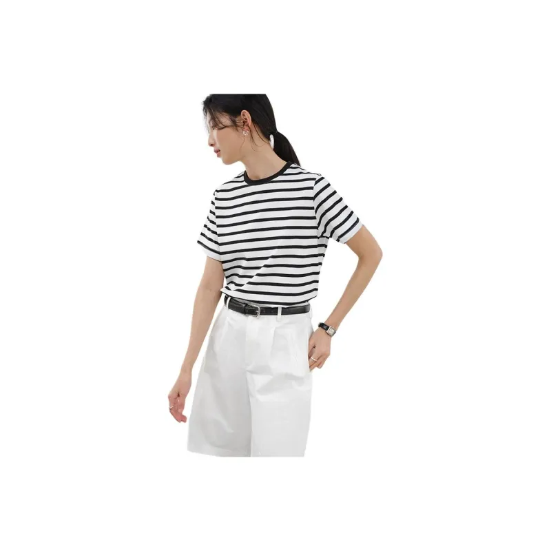 WHITEALLUSION T Shirt Women's Black White Stripes-0