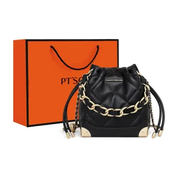 PT'SON Cow Leather Bucket Bag, Shoulder Bag, Crossbody Bag, Handbag Regular Women's Black
