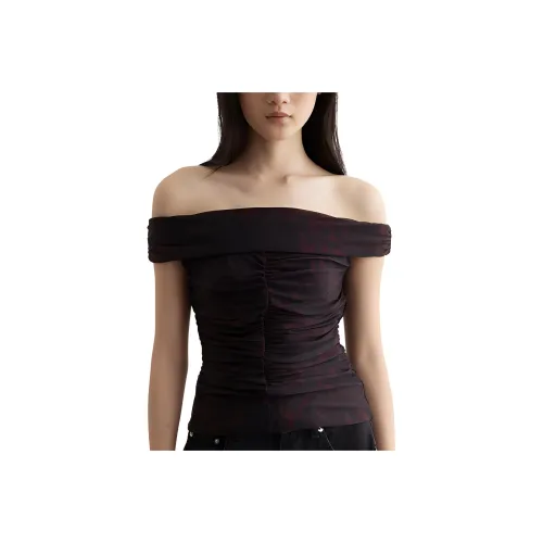 GANNI Mesh Off shoulder Ruched Top
