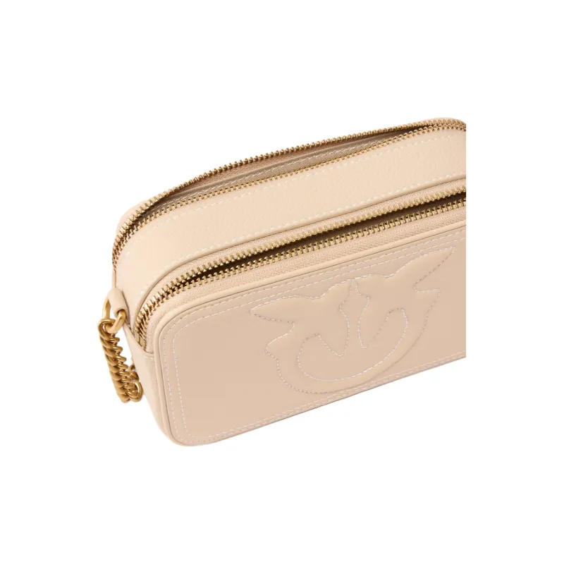PINKO Cow Leather Shoulder Bag Small Size Women's Beige Pink-3