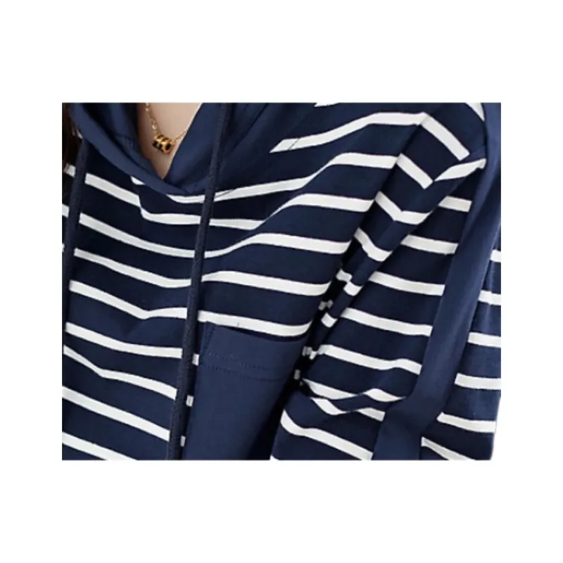Mo Han Yi Mei Drop Shoulder Sleeve T Shirt Women's Navy Blue Stripes-3