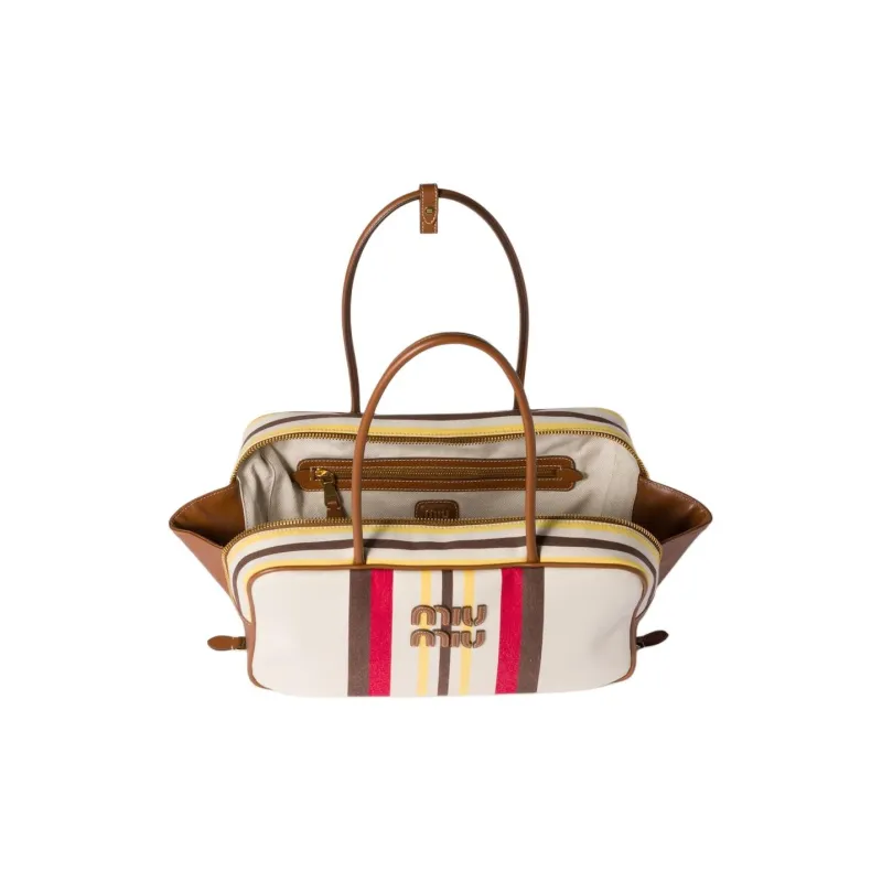 MIU MIU Beau Cotton Handbag, Shoulder Bag Women's Beige & Dark Brown-3