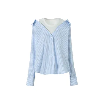 SOON FLOWER Shirt Women's Blue White Stripes
