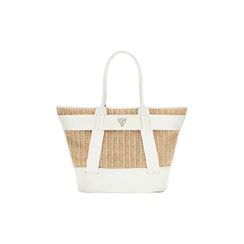 GUESS Raffia With Artificial Leather Tote Bag Shopping Bag Shoulder Bag Handbag Women's Beige & White